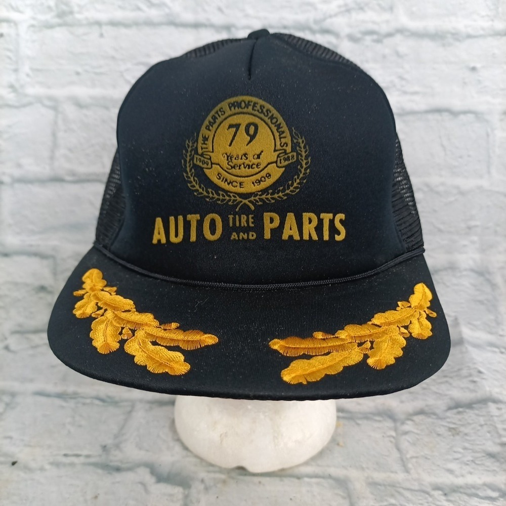 Vtg 79 Years of Service Auto Tire and Parts Black Snapback Hat Trucker Rope #18